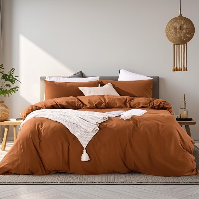 NEXHOME PRO Terracotta Burnt Orange Duvet Cover Set Queen Size Linen Textured Organic Natural 100% Washed Cotton Duvet Cover Caramel 3 Pieces Bedding Set with Zipper Closure Soft (No Comforter)