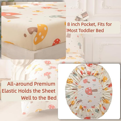 SDIII 4 Piece Mushroom Toddler Bedding Set, Soft Microfiber Botanical Bedding Toddler Bed Set with Comforter, Fitted Sheet, Flat Sheet and Pillowcase