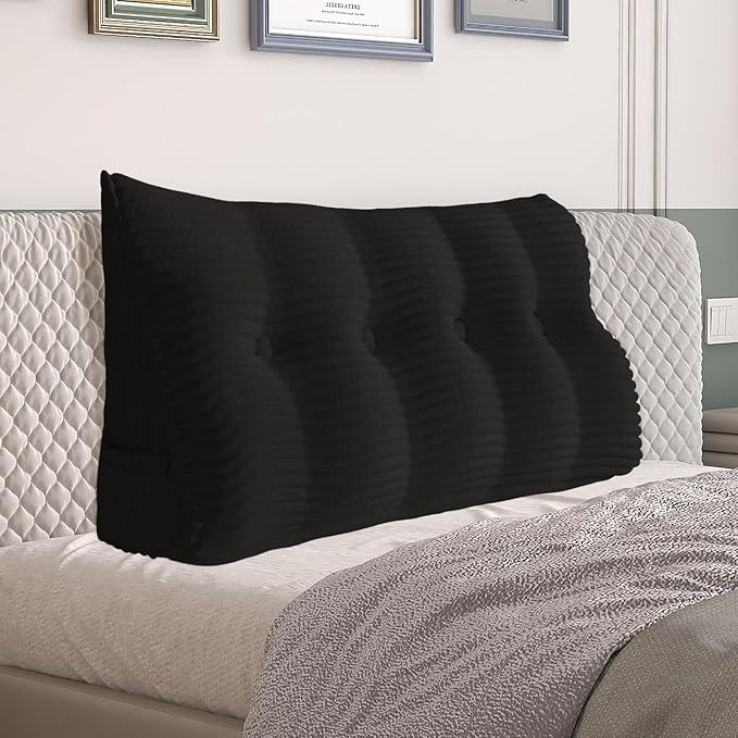 Daneey Headboard Pillow Full, Triangular Wedge Headboard Pillow with Soft Corduroy Fabric, Wedge Bed Backrest Pillow for Sitting Up, Reading or Working, Long Bolster Pillow with Removable Cover, Black