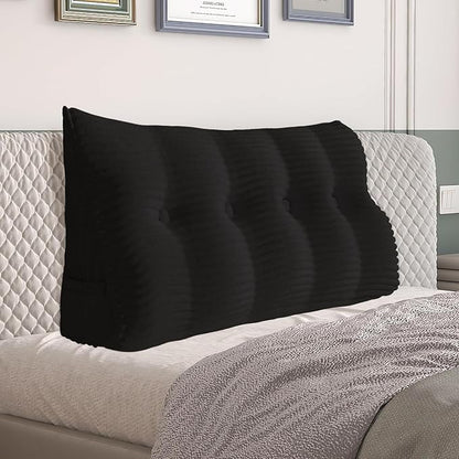 Daneey Headboard Pillow Full, Triangular Wedge Headboard Pillow with Soft Corduroy Fabric, Wedge Bed Backrest Pillow for Sitting Up, Reading or Working, Long Bolster Pillow with Removable Cover, Black
