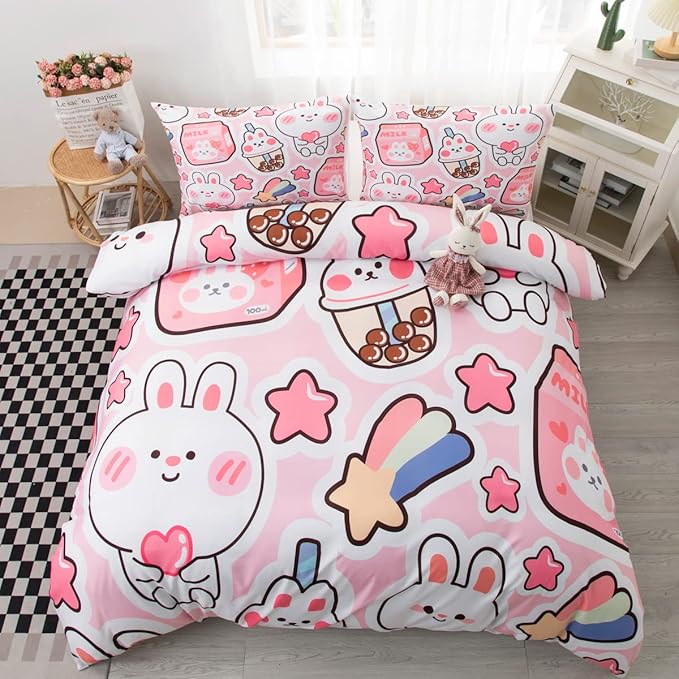CVHOUSE Kawaii Bedding Set Queen Size,Cute Rabbit Bed for Girls Kids Teens,Pink Comforter Cover Soft,Kawaii Duvet Set,Girls Room Decor Quilt Queen 89'x89'