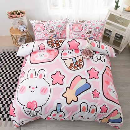 CVHOUSE Kawaii Bedding Set Queen Size,Cute Rabbit Bed for Girls Kids Teens,Pink Comforter Cover Soft,Kawaii Duvet Set,Girls Room Decor Quilt Queen 89'x89'