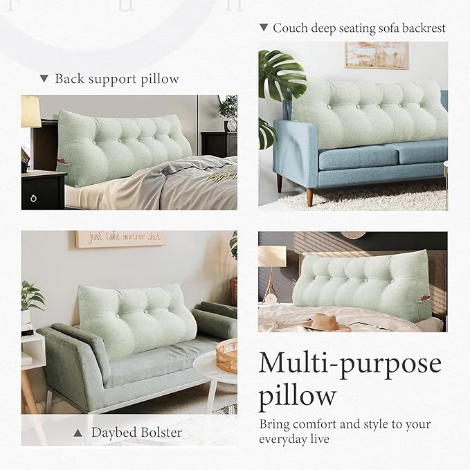 Wedge Headboard Pillow Dorm Room Reading Pillow Back Support for Sitting Up in Bed Bolster Lumbar Cushion Body Positioning Bedrest Cotton Linen 59in Grey-Beige Queen