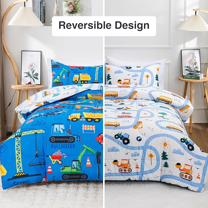 Holawakaka Trucks Excavator Cars Boy Bedding Comforter Set with Sheets, Twin Size Cartoon Construction Car Tractors Print Kids Bed in A Bag 5-Piece, Boys Reversible Dorm Bed Sets (Blue Twin)