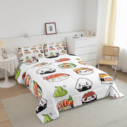 Feelyou Sushi Pattern Comforter Set Japanese-Style Bedding Set for Kids Boys Girls Teens Food Theme Comforter Cute Cartoon Japanese Sushi Duvet Set Room Decor Quilt Set King Size Microfiber
