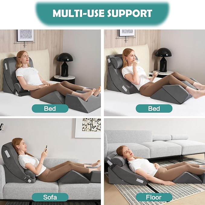 5Pcs Wedge Pillow for Sleeping, Orthopedic Bed Wedge Pillows for After Surgery, Foam Triangle Sit Up Pillow Wedge for Back, Neck, Shoulder Support, Leg Elevation, Acid Reflux, Gerd, Snoring Grey