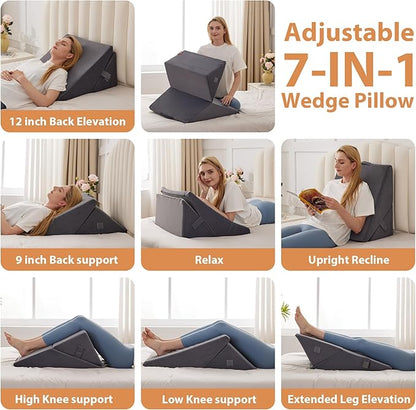 Wedge Pillow, 9&12” Adjustable Bed Wedge Pillow for Sleeping, Triangle Pillow for Back Pain Relief, Memory Foam Pillow Wedge for Post Surgery, Acid Reflux and Snoring, GERD, Grey