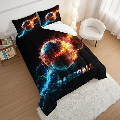 HOSIMA Baseball Comforter for Boys Girls Teens,Flame Lightning Twin Bed in a Bag Sports Themed Bedroom Decor,Dorm Room Essentials for College Students Boys Soft Microfiber Black Comforter.
