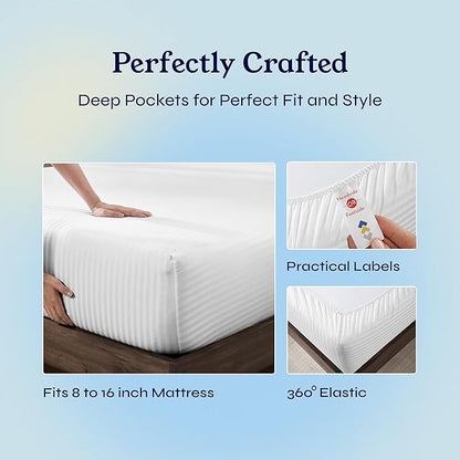California Design Den Striped Full Size Bed Sheets Set - Soft 400 Thread Count Sateen, Natural 100% Cotton Sheets Set with Deep Pockets, Breathable, and Durable Bedding - Striped White