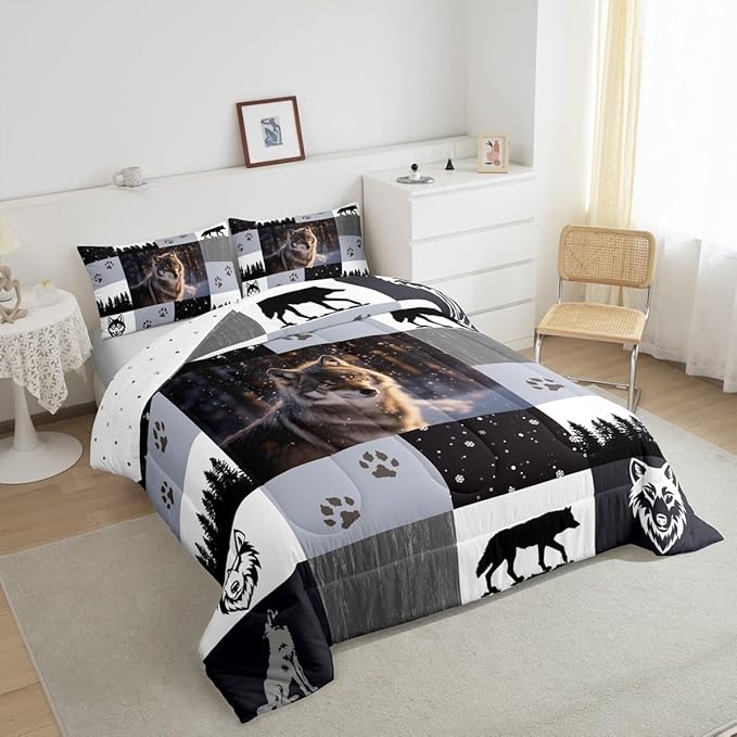 Feelyou Rustic Comforter Set Full Size Woodland Wolf Comforter for Boys Girls Teens Wolf Paws Print Bedding Set Wild Adventure Teens Duvet Set Room Decor Pine Trees Quilt Set