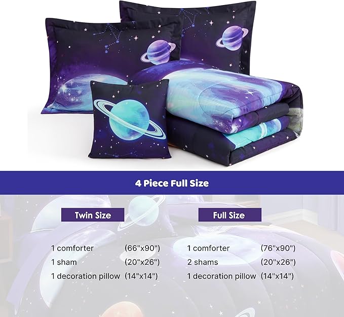 Full Size Comforter Set for Boys - 4 Pieces Navy Blue Space Rocket Full Bedding Sets for Kids, 1 Comforter, 2 Shams and 1 Decor Pillow