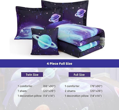 Full Size Comforter Set for Boys - 4 Pieces Navy Blue Space Rocket Full Bedding Sets for Kids, 1 Comforter, 2 Shams and 1 Decor Pillow