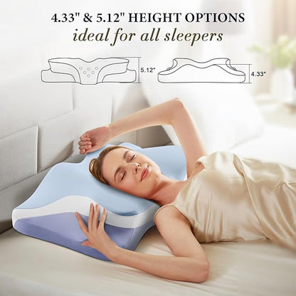 Cervical Pillow for Sleeping - Cooling Ergonomic Memory Foam Pillows for Neck Pain Relief, Contour Neck Support Pillow for Side, Back, Stomach Sleepers with Anti-Pilling Pillowcase (Sky Blue)