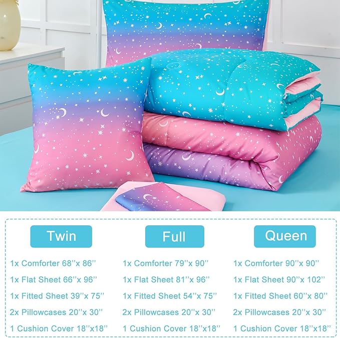 URBONUR Full Size Comforter Set Pink and Blue Colorful Girls Rainbow Tie Dye Bedding Set with Sheets - Soft Fluffy Bedding for Full Bed