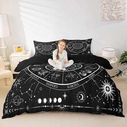 Sun Moon Bedding Set Twin Size,Starry Galaxy 12 Constellations Duvet Cover Set 2Pcs for Kids Boys Girls Teens Room Decor,Black White Exotic Comforter Cover Gothic Boho Quilt Cover,1 Pillowcase