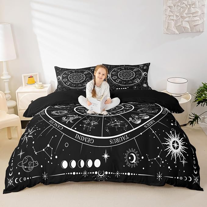 Sun Moon Duvet Cover Set King Size,Starry Galaxy 12 Constellations Bedding Set 3Pcs for Youth Men Adult Woman Room Decor,Black White Exotic Comforter Cover Gothic Boho Quilt Cover,2 Pillowcases