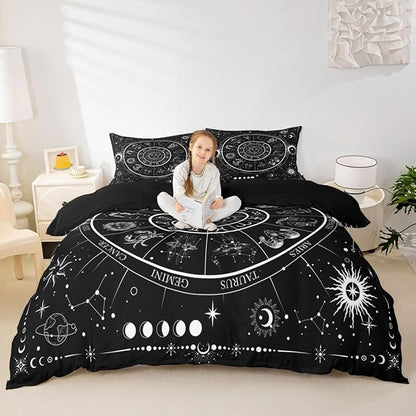 Sun Moon Duvet Cover Set King Size,Starry Galaxy 12 Constellations Bedding Set 3Pcs for Youth Men Adult Woman Room Decor,Black White Exotic Comforter Cover Gothic Boho Quilt Cover,2 Pillowcases