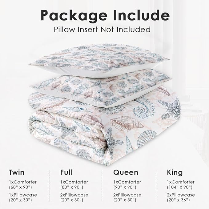 King Size Comforter Set with 2 Pillowcase, Sea Shells Seahorse Coral Soft 3 Pcs Bedding for Kids and Adults, Underwater Seashell Retro Comforter Set for Room Bedroom Bed Decor
