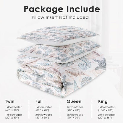 Full Size Comforter Set with 2 Pillowcase, Sea Shells Seahorse Coral Soft 3 Pcs Bedding for Kids and Adults, Underwater Seashell Retro Comforter Set for Room Bedroom Bed Decor