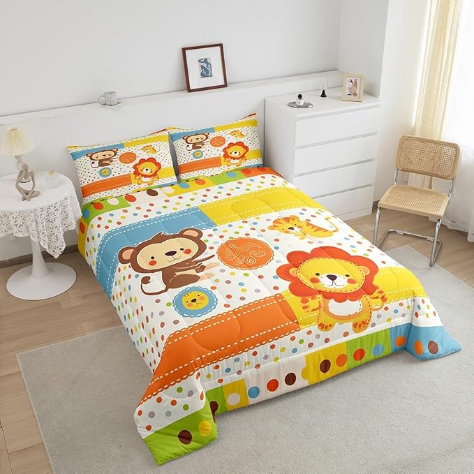 Lion Tiger Monkey Bedding Set Toddler Size Cartoon Wild Animal Comforter Set for Kids Teens Room Decor Colorful Polka Dots Duvet Insert Cute Wildlife Theme Down Comforter Set,2Pcs