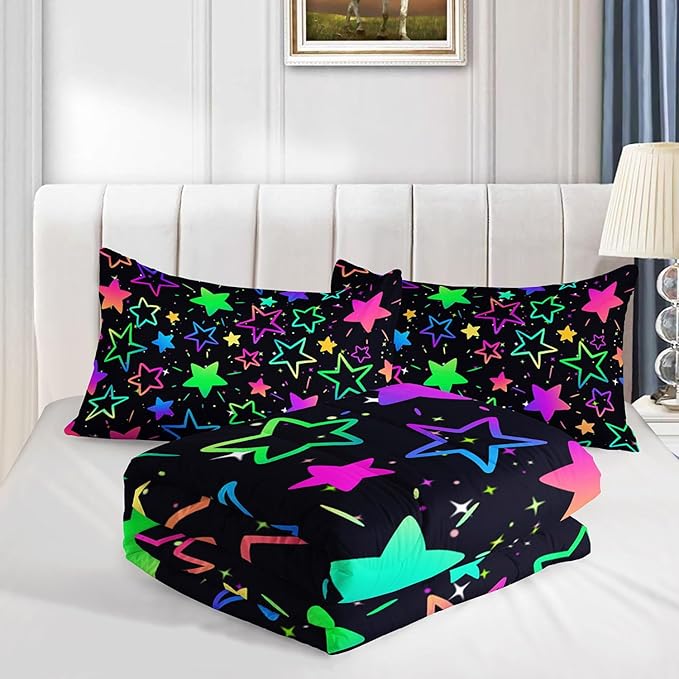 Kids Comforter Set Colorful Stars Printed Pattern Bedding Set with 1 Comforter and 2 Pillowcases for Girls Boys Bedroom All Season(Colorful Stars Queen)