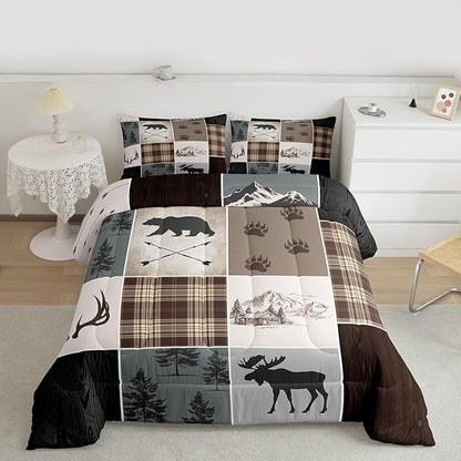 Hunting Camper Comforter Set Full Size Bear Elk Arrow Wild Animals Bedding Set Kids Boys Teens Women Rustic Farmhouse Cabin Home Decor 3pcs,Retro Geometric Stripes Plaid Duvet Insert,Brown Grey