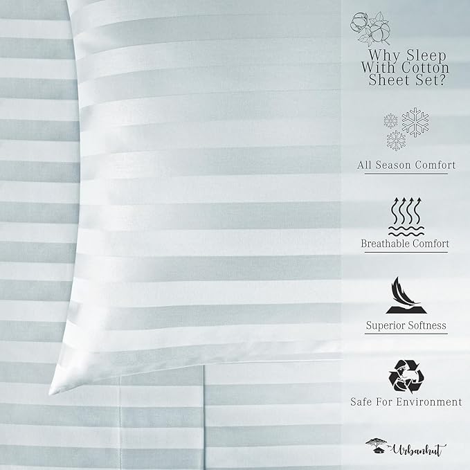URBANHUT 1000 Thread Count Damask Striped Full Sheet Set Egyptian Cotton, Long Staple Soft & Breathable, 4 Pc Bed Sheet Sets, Luxury Hotel Sateen Sheets Fits 16" Deep Pocket - Light Blue