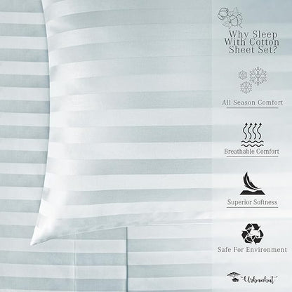 URBANHUT 1000 Thread Count Damask Striped Full Sheet Set Egyptian Cotton, Long Staple Soft & Breathable, 4 Pc Bed Sheet Sets, Luxury Hotel Sateen Sheets Fits 16" Deep Pocket - Light Blue