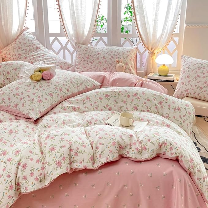 Floral Duvet Cover Queen Size Spring Pink Floral Bedding Set 3Pcs Kids Boys Girls Botanical Garden Aesthetic Flower Coquette Comforter Cover with Zipper Closure and 2 Pillowcase