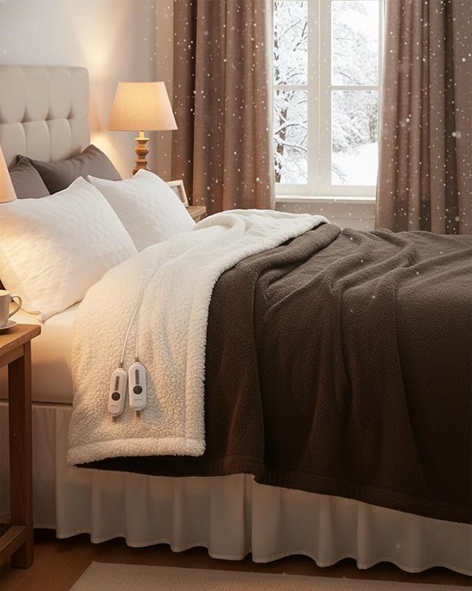GarveeHome Heated Blanket Queen Size, Electric Blanket Dual Control Soft Double Sherpa with 4 Heating Levels & 10H Auto Off, Over-Heat Protection, Machine Washable, ETL Certification, Brown 84"x90"
