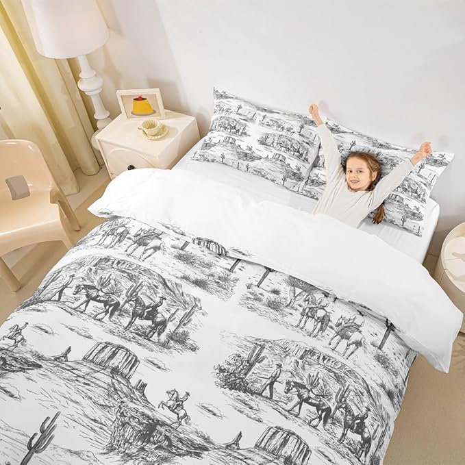Southwest Cowboy Duvet Cover Set King Size Western Desert Bedding Set 3Pcs Black White Farmhouse Comforter Cover for Boys Men Girls Adult Room Decor Wild Horse Cactus Quilt Cover,2 Pillowcase
