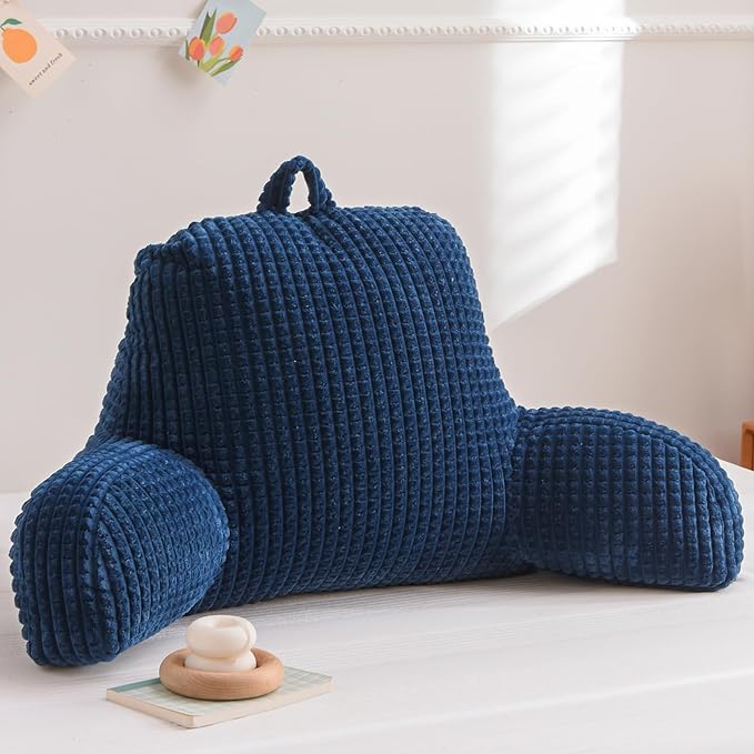 A Nice Night Reading Pillow Bed Wedge Large Adult Children Backrest with Arms Back Support for Sitting Up in Bed/Couch for Lounging Bedrest,Waffle Stereoscopic Design,Navy