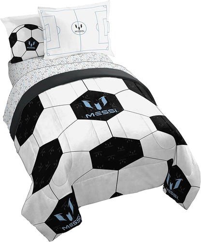 Jay Franco Kids Comforter Set Includes Sheets and Pillow Cover - Soft and Cozy Bed Set for Stylish Room Décor, White - Lionel Messi, 5 Piece Twin