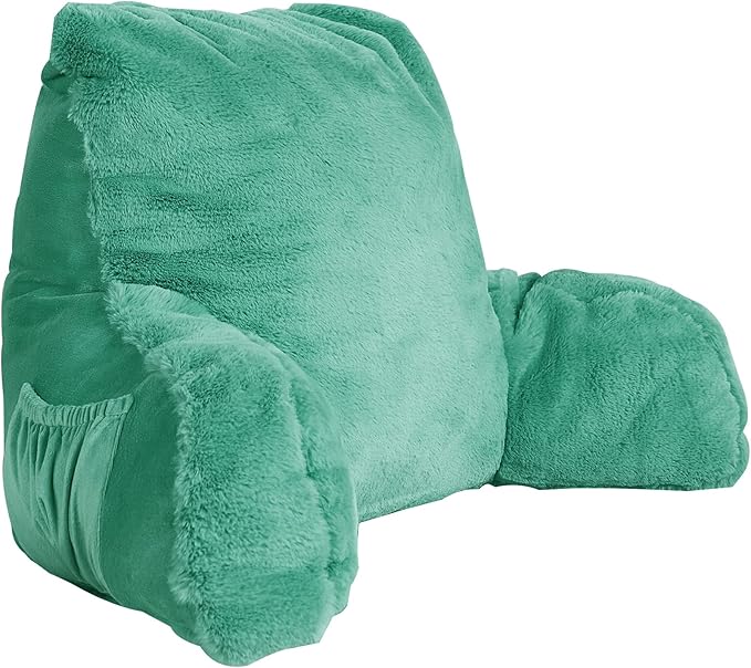 Home Soft Things Fox Faux Fur Bedrest Reading Pillow with Handle and Side Pocket, Backrest Armrest Pillow Chair Back Support for Sitting up in Bed, Blue Turquoise, 20" x 18" x 17"
