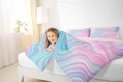 Feelyou Girls Pink Comforter Set King Size Kids Rainbow Stripe Bedding Set for Boys Teens Women Die Tye Comforter Breathable Geometric Duvet Princess Decor Quilt,1 Comforter with 2 Pillowcase