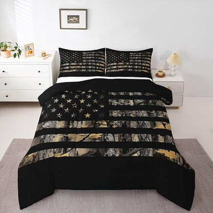 Feelyou American Flag Camo Comforter Set All Season Hunting Bedding Set with 2 Pillow Cases Military Camouflage Kids Full Bedclothes Rustic Trees Leaves Bedroom Decor Duvet Quilt Soft Lightweight