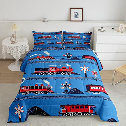 Erosebridal Boys Train Full Comforter Set Cartoon Car Toddler Bedding Set, Traffic Transportation Track Comforter for Kids Teens Red Blue Steam Engine Railway Decor Quilt Set Room 3Pcs