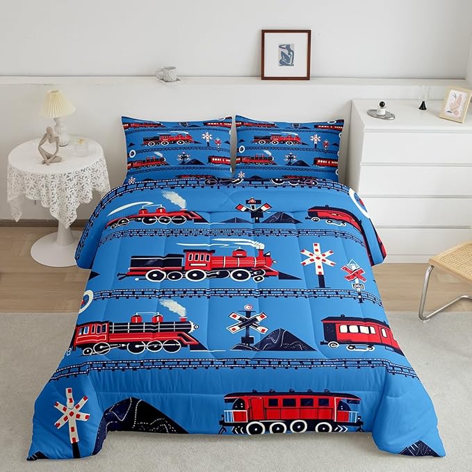 Erosebridal Boys Train Twin Comforter Set Cartoon Car Toddler Bedding Set, Traffic Transportation Track Comforter for Kids Teens Red Blue Steam Engine Railway Decor Quilt Set Room 2Pcs
