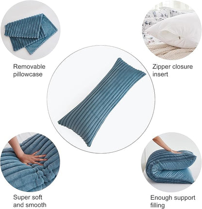 Full Body Pillow with Fluffy Stripe Faux Fur Removable Cover, Long Bed Pillow Adult 20x54 Inches for Side Sleeper and Pregnancy, Dusty Blue.