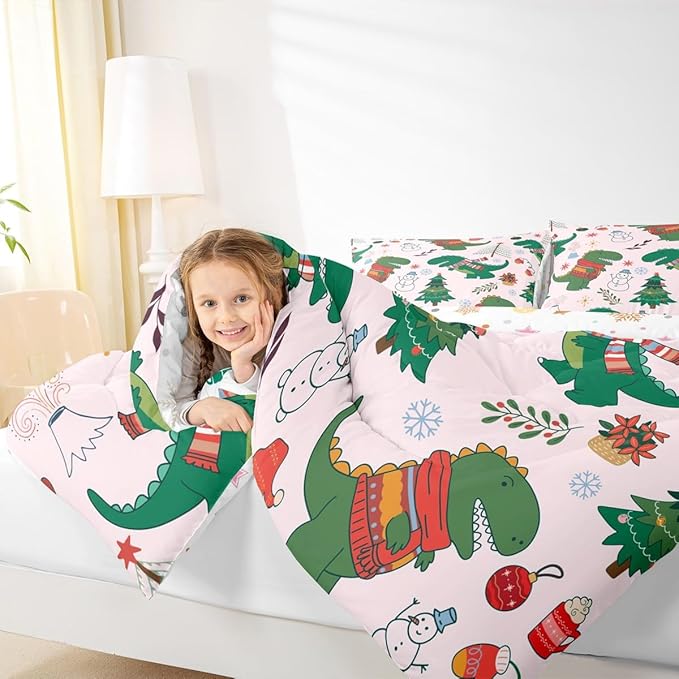 Erosebridal Xmas Dino Comforter Set Full Size Cartoon Dinosaur Bedding Set for Kids Girls BoysSnowman Santa Winter Tree Comforter Merry Christmas Florals Quilt Bedroom Decor