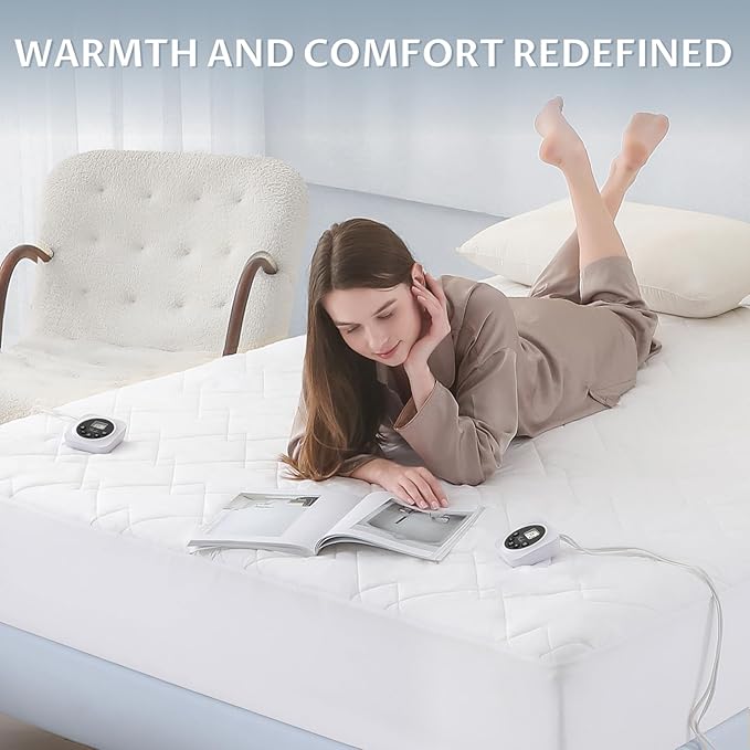 King Size Electric Heated Mattress Pad - Quilted Bed Warmer with Memory & Preheat Functions, 12 Heat Settings Dual Control for 1-12 Hours Auto Off, Lighted Button