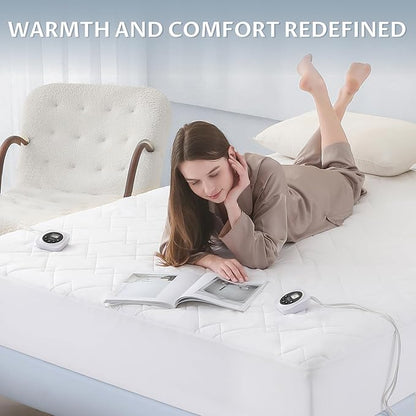 Queen Size Electric Heated Mattress Pad - Quilted Bed Warmer with Memory & Preheat Functions, 12 Heat Settings Dual Control for 1-12 Hours Auto Off, Lighted Button