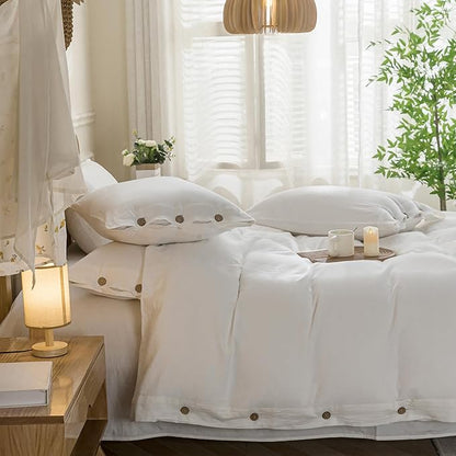 JELLYMONI Cotton Duvet Cover Twin XL Size - Bright White Comforter Cover with Button 100% Washed Cotton 2PCS Breathable Soft Solid Bedding Set Duvet Cover 66×92in & 1 Pillowcase (NO Comforter)