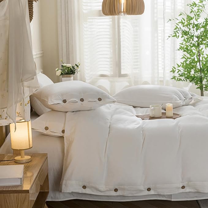 JELLYMONI Cotton Duvet Cover Twin Size - Bright White Comforter Cover with Button 100% Washed Cotton 2PCS Breathable Soft Solid Bedding Set Duvet Cover 68×90in & 1 Pillowcase (NO Comforter)