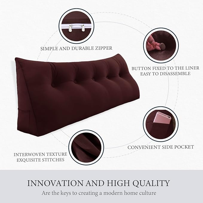 Headboard Wedge Pillow Large Reading Pillow Full Size Bed Rest Back Support Pillow for Sitting up in Bed Daybed Couch Backrest Cushion Velvet Chocolate Brown