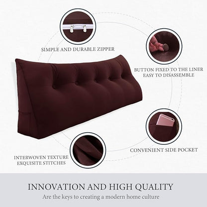 Headboard Wedge Pillow Large Reading Pillow Queen Size Bed Rest Back Support Pillow for Sitting up in Bed Daybed Couch Backrest Cushion Velvet Chocolate Brown