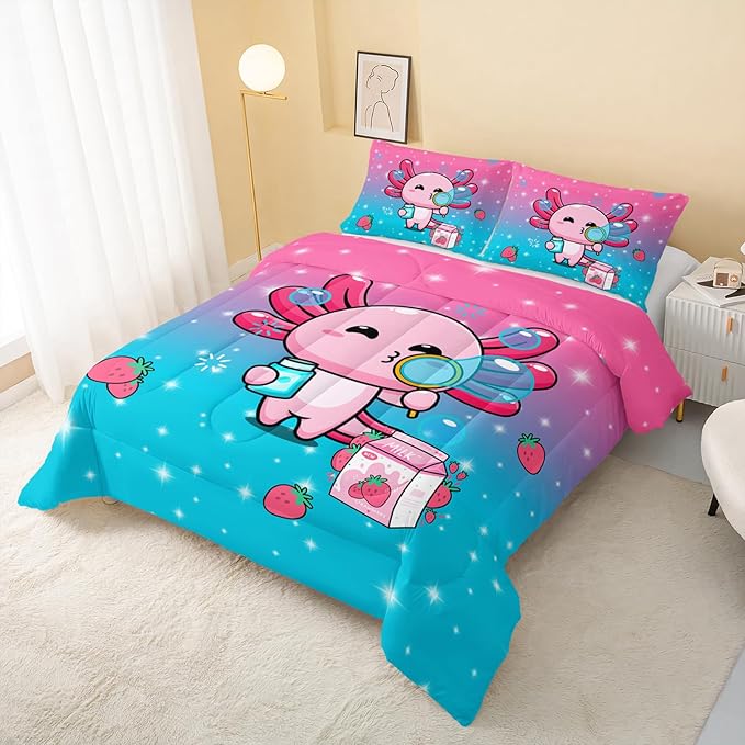 QOOMO Kawaii Axolotl Comforter,Pink Salamander Comforter Set for Kids Teens Girls,3Pcs Bedding Set Printed Comforter with 2 Pillowcases,Down Alternative,Soft and Lightweight(Pink，Twin Size)