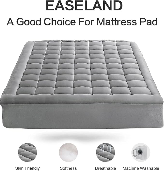 EASELAND Queen Size Mattress Pad Pillow Top Mattress Cover Quilted Fitted Mattress Protector 8-21" Deep Pocket Cooling Mattress Topper (60x80 Inches, Light Grey)