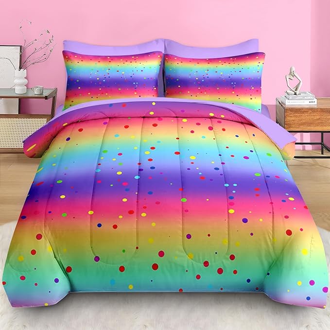 Comforter Set Twin Size, Cute Rainbow Polka Dot 5 Pcs Bedding for Kids and Adults, Colorful Glitter Bed Sheet Sets with Fitted Sheet Pillowcase & Sham for Bedroom Bed Decor