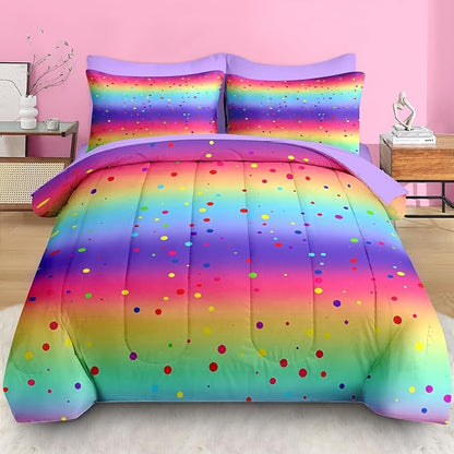 Comforter Set Queen Size, Cute Rainbow Polka Dot 7 Pcs Bedding for Kids and Adults, Colorful Glitter Bed Sheet Sets with Fitted Sheet 2 Pillowcases & 2 Shams for Bedroom Bed Decor